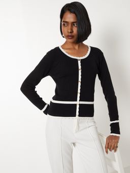 max - Black Women Scalloped Trim Knit Top