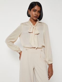max - Cream Women Hammered Tie-Up Neck Top