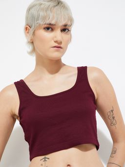 max - Maroon ALAYA F x URB_N Women Ribbed Tank Crop Top