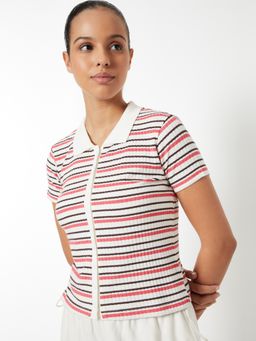 max - Beige Women Striped Sports Polo Top