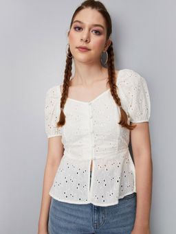 max - Cream Women Schiffli Woven Peplum Top