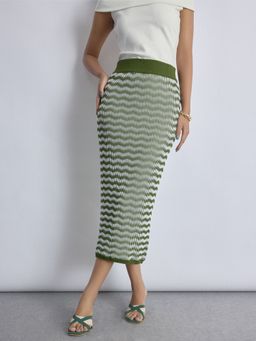The Label Life - Green Olive Wave Jacquard Knit Skirt
