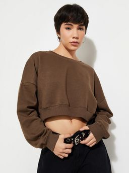 max - Brown URB_N Women Solid Boxy Cropped Sweatshirt