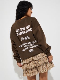max - Brown URB_N Women Printed Oversized Sweatshirt