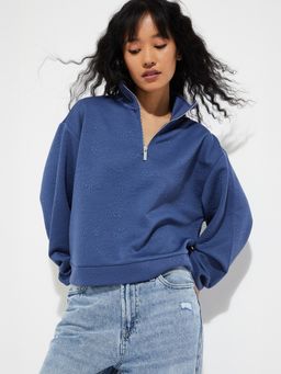 max - Blue URB_N Women Textured Boxy Fit Sweatshirt