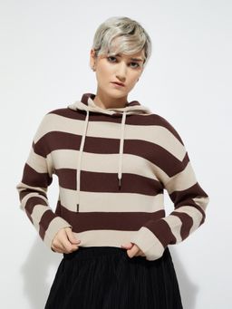max - Brown ALAYA F x URB_N Women Striped Boxy Fit Hoodie