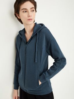 max - Blue Women Herringbone Hooded Hoodie