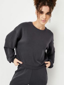 max - Grey Women Boxy Fit Solid Sweatshirt