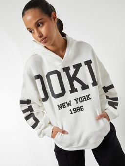 max - Off White Women Printed Oversized Sports Hoodie