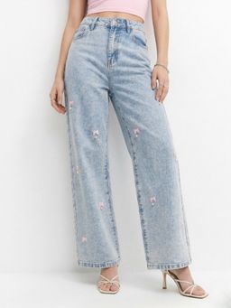 Outzidr - Blue Bow And Studs Detail Denim