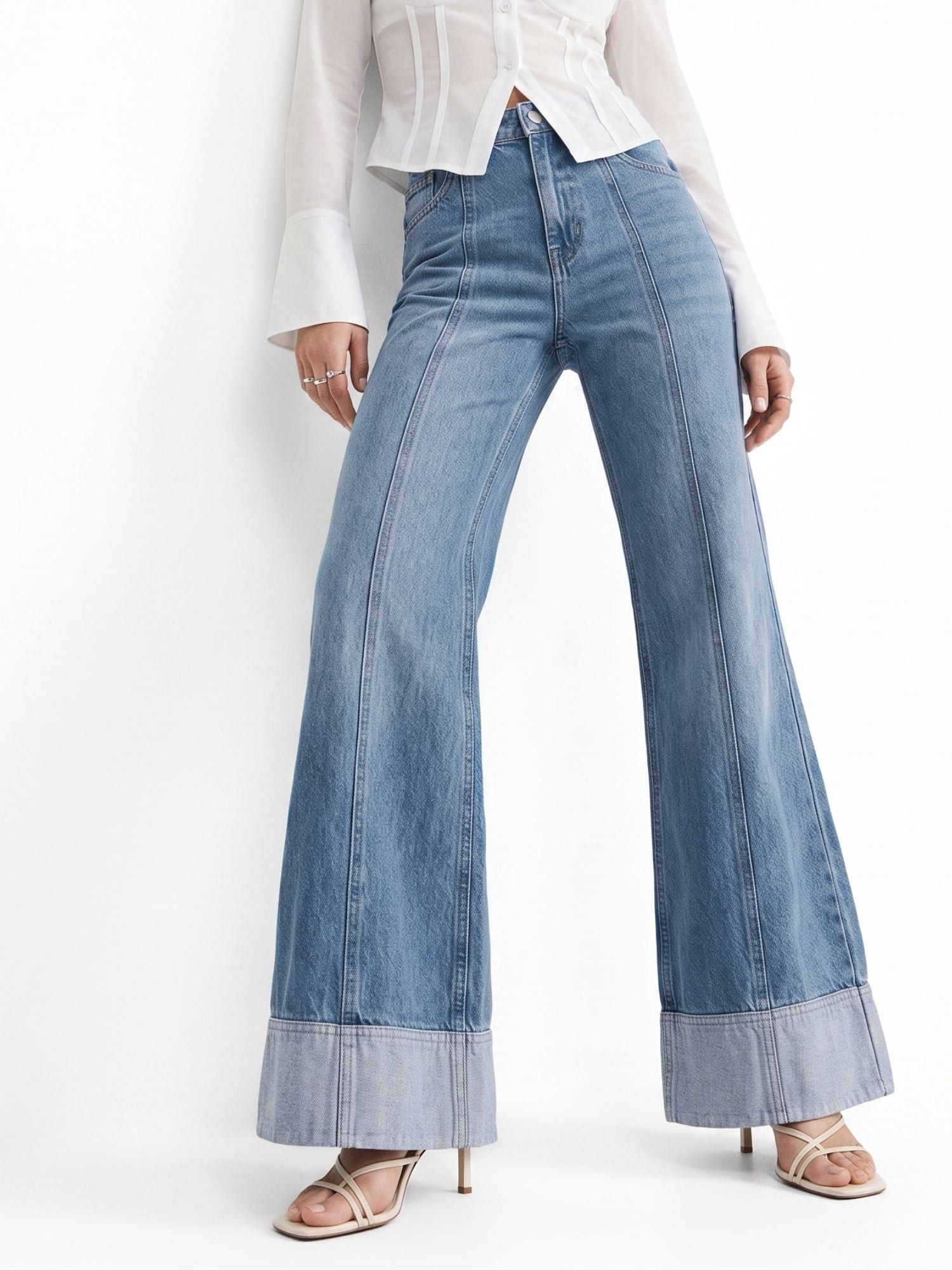 outzidr Blue Folded Hem Wide Leg Jeans-picture-32