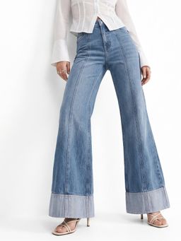 Outzidr - Blue Folded Hem Wide Leg Jeans