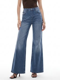 Outzidr - Blue High Waist Wide Leg Jeans