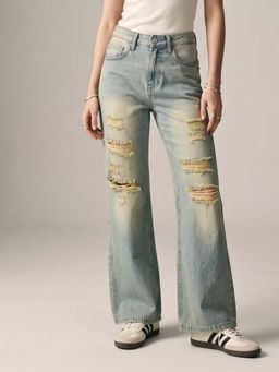 Outzidr - Blue Distressed Washed Out Straight Fit Jeans
