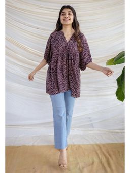 The Indian Ethnic Co. - Black Loose Ajrakh Printed Modal Silk Top With V Neck