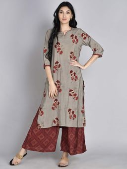 Shree - Women Muslin Grey-Maroon Floral Printed Kurta With Palazzo (Set Of 2)