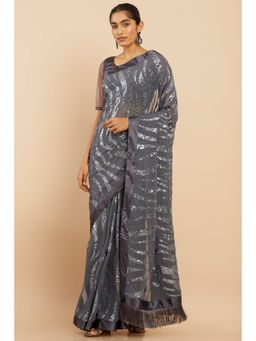 Soch - Women Grey Georgette Embellished & Sequined Saree with Unstitched Blouse