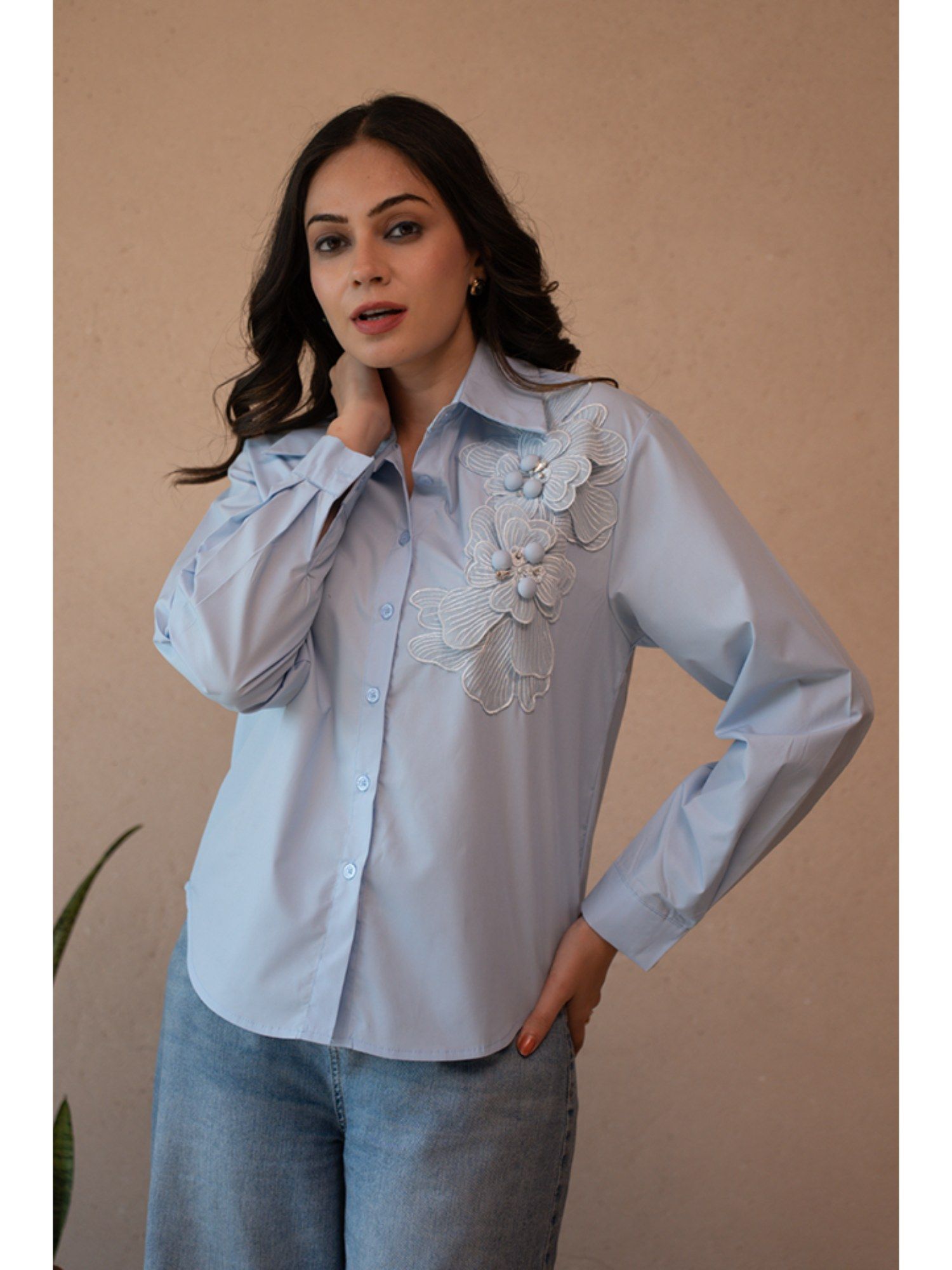 AEOY Blue Cotton Applique Shirt-picture-12