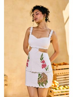 Lea Clothing - White Bagh Check Embroidered Mini Skirt