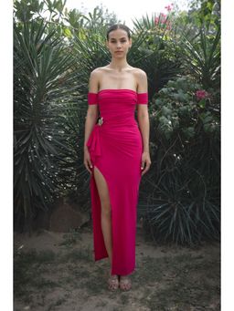 SOTBELLA - Pink Fuchsia Off-Shoulder Ruched Maxi Dress