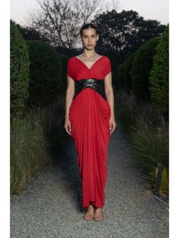 SOTBELLA - Red Draped Evening Gown with Embellished Waist Detail