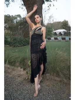 SOTBELLA - Black Asymmetric Lace Detail Midi Dress with Frill Hem