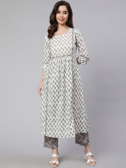 Jaipur Kurti - White & Grey Flared Cotton Kurta With Printed Pant (Set of 2)