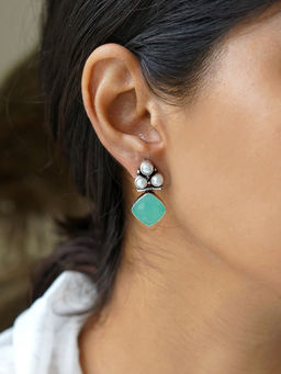 Teejh - Delisha Light Blue Stone Silver Oxidised Stud Earrings for Women