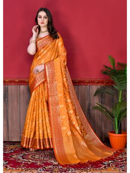 Yavira Silk - Orange Silk Saree With Zari Pallu And Unstitched Blouse