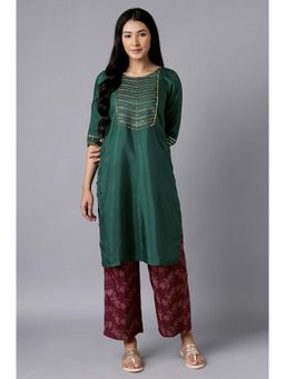 Aurelia - Aure Collection By Aurelia Bottle Green Embroidered Kurta-Purple Culottes (Set of 2)