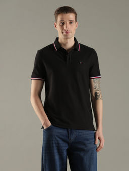 Tommy Hilfiger - Black Solid Regular Fit Cotton Polo T-Shirt