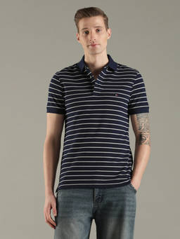 Tommy Hilfiger - Navy Blue Striped Slim Fit Cotton Polo T-Shirt