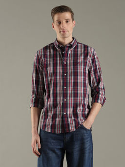 Tommy Hilfiger - Maroon Checks Regular Fit Cotton Casual Shirt