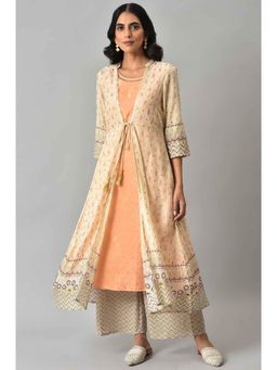 Aurelia - Women Beige Geometric Print Viscose Blend Kurta Set with Palazzos & Shrug