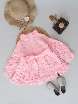 Woonie - Pink Handmade Crochet Self Design Baby Dress Cardigan