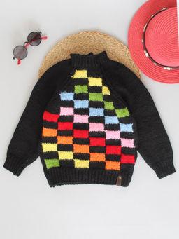 Woonie - Handknitted Black Sweater with Multi Checks Sweater