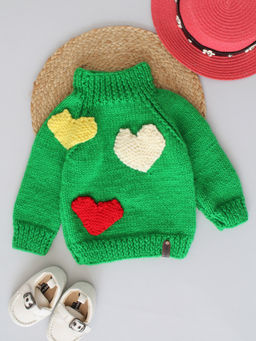 Woonie - Handknitted Green Sweater with Heart Appliques Sweater
