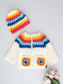 Woonie - Cream Handmade Crochet Moss Stitch Cardigan with Cap