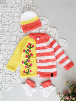 Woonie - Coral Handknitted Embroidered and Striped Cardigan with Cap and Pair of Socks