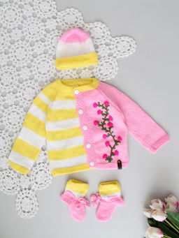 Woonie - Pink Handknitted Embroidered and Striped Cardigan with Cap and Pair of Socks
