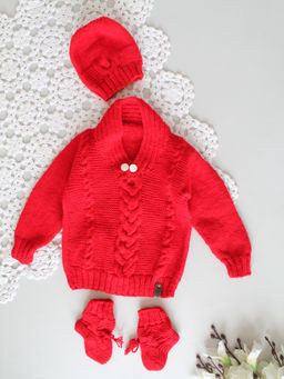 Woonie - Red Cable Knit Sweater with Cap and Pair of Socks