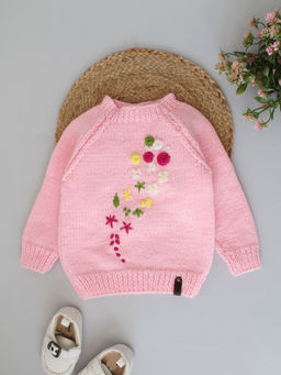 Woonie - Pink Handknitted Leaf Embroidered Sweater