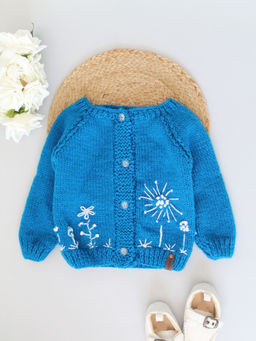 Woonie - Blue Handknitted Embroidered Kids Cardigan