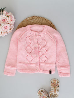 Woonie - Pink Handknitted Diamond Stitch Baby Cardigan