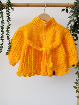 Woonie - Yellow Handmade Crochet Self Design Baby Dress Cardigan