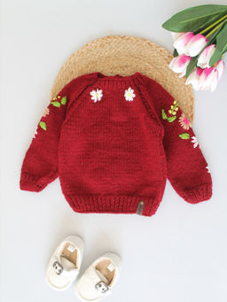 Woonie - Maroon Handknitted Floral Embroidered Kids Sweater