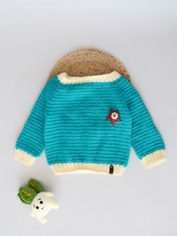 Woonie - Blue Handmade Crochet Star Patch Detailing Sweater