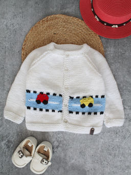 Woonie - White Handknitted Car Applique Cardigan