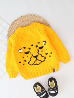 Woonie - Yellow Handknitted Intarsia Knit Cheetah Face Kids Sweater