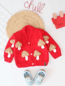 Woonie - Red Handknitted Mushroom Applique Kids Cardigan